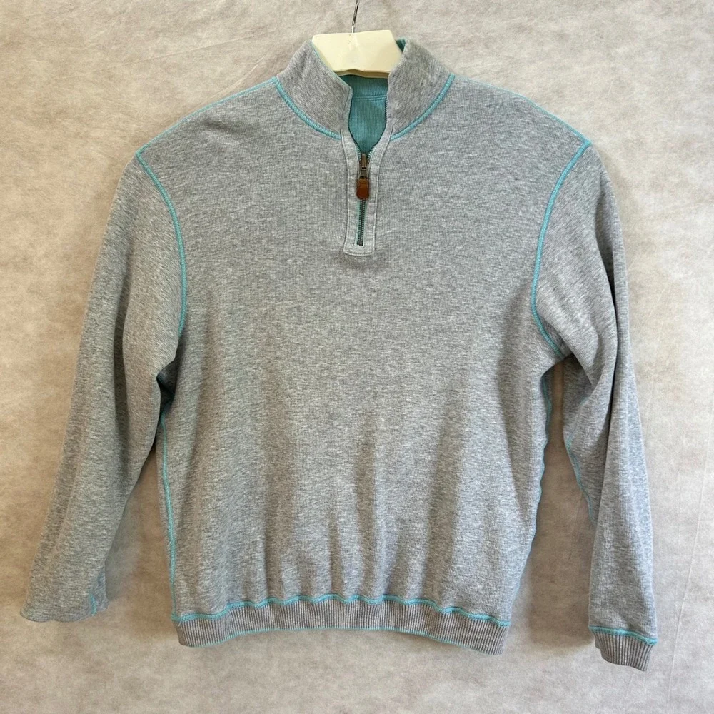 Cremieux Mens Pullover 1/4 Zip Sweater Aqua/Gray Casual Reversible Large‎